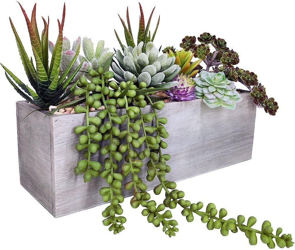 Supla Artificial Potted Succulents Plants Arrangement Fake Succulent Plants in Rectangular Wooden Pot Arrangement for Table Centerpiece Windowsill Greenery Decor