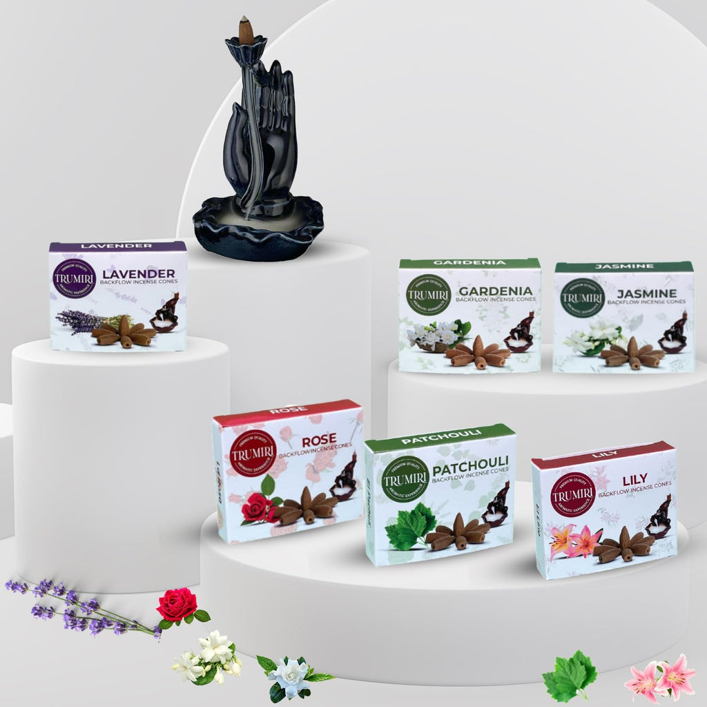 Floral - Backflow Incense Cones for Waterfall - Scented Inscents-Cones - Lavender, Jasmine, Rose, Patchouli, Lily, Gardenia - Insiensos Aromaticos - 6x10=60 Large Variety Pack