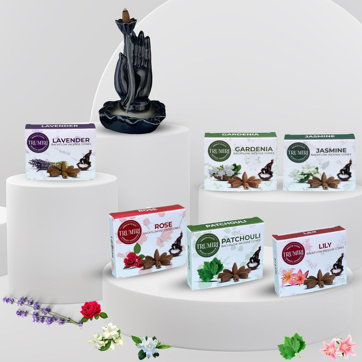 Floral - Backflow Incense Cones for Waterfall - Scented Inscents-Cones - Lavender, Jasmine, Rose, Patchouli, Lily, Gardenia - Insiensos Aromaticos - 6x10=60 Large Variety Pack