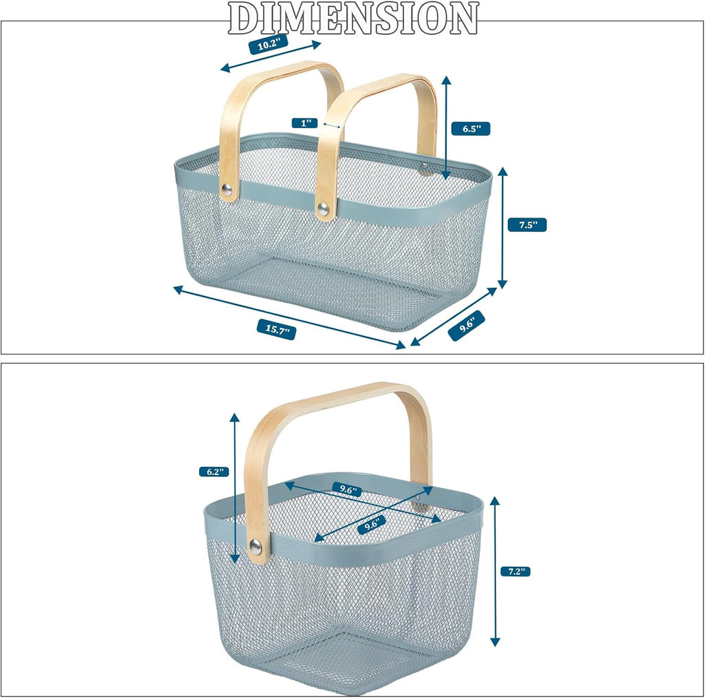 Coloful Metal Mesh Wire Basket with Foldable Wooden Handle,Bin Garden Fruit Vegetable Storage Hanging Harvest Holder for Kitchen Bathroom Picnic (Bluegray, Cuboid & Cube)