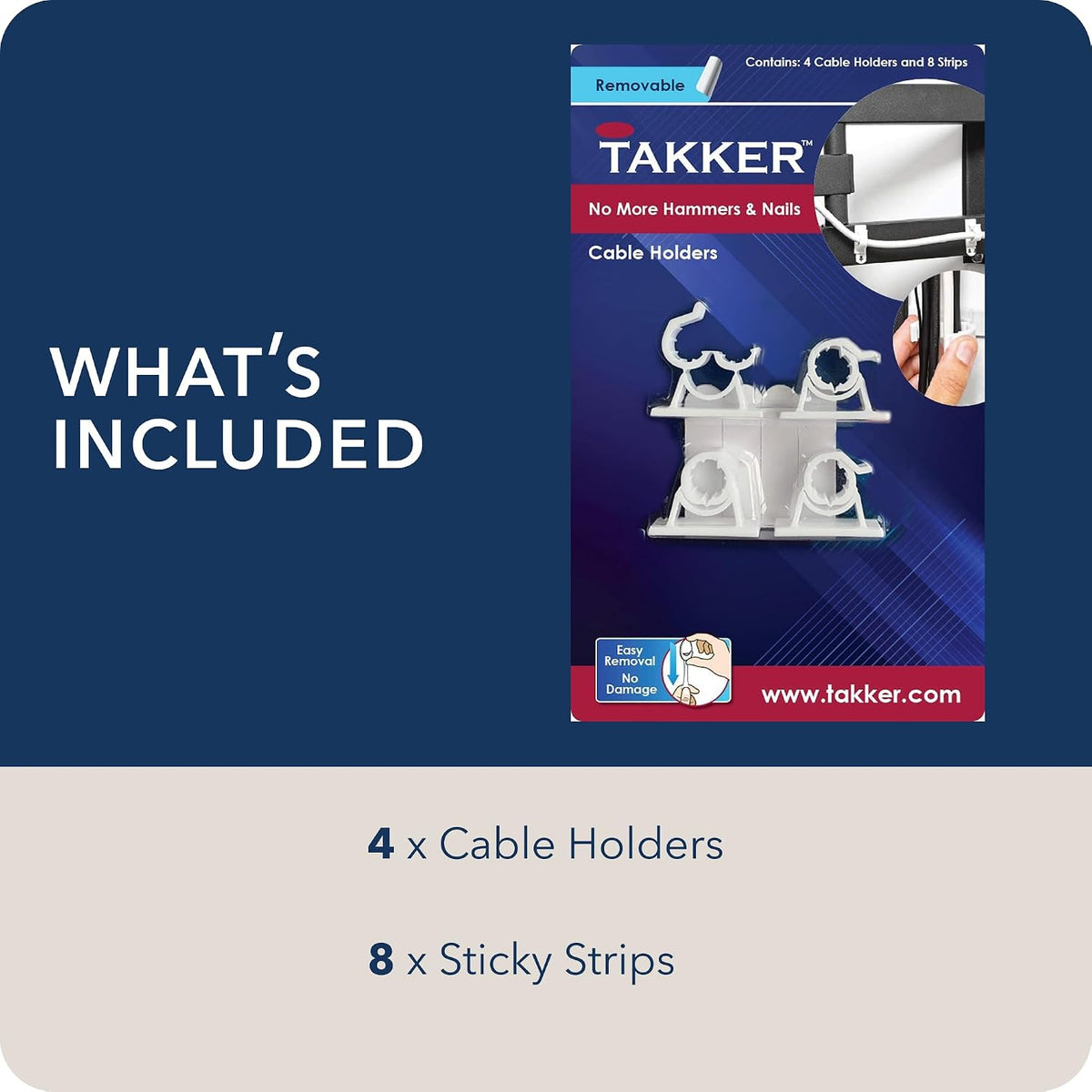 Takker - 4 x Cable Holder Tidy with 8 x Sticky Strips | Cable Hooks, Strong Adhesive, Easy Application, Damage-Free Removal, Re-Useable, No Sticky Residue, for Home, Bathroom, Kitchen, Walls