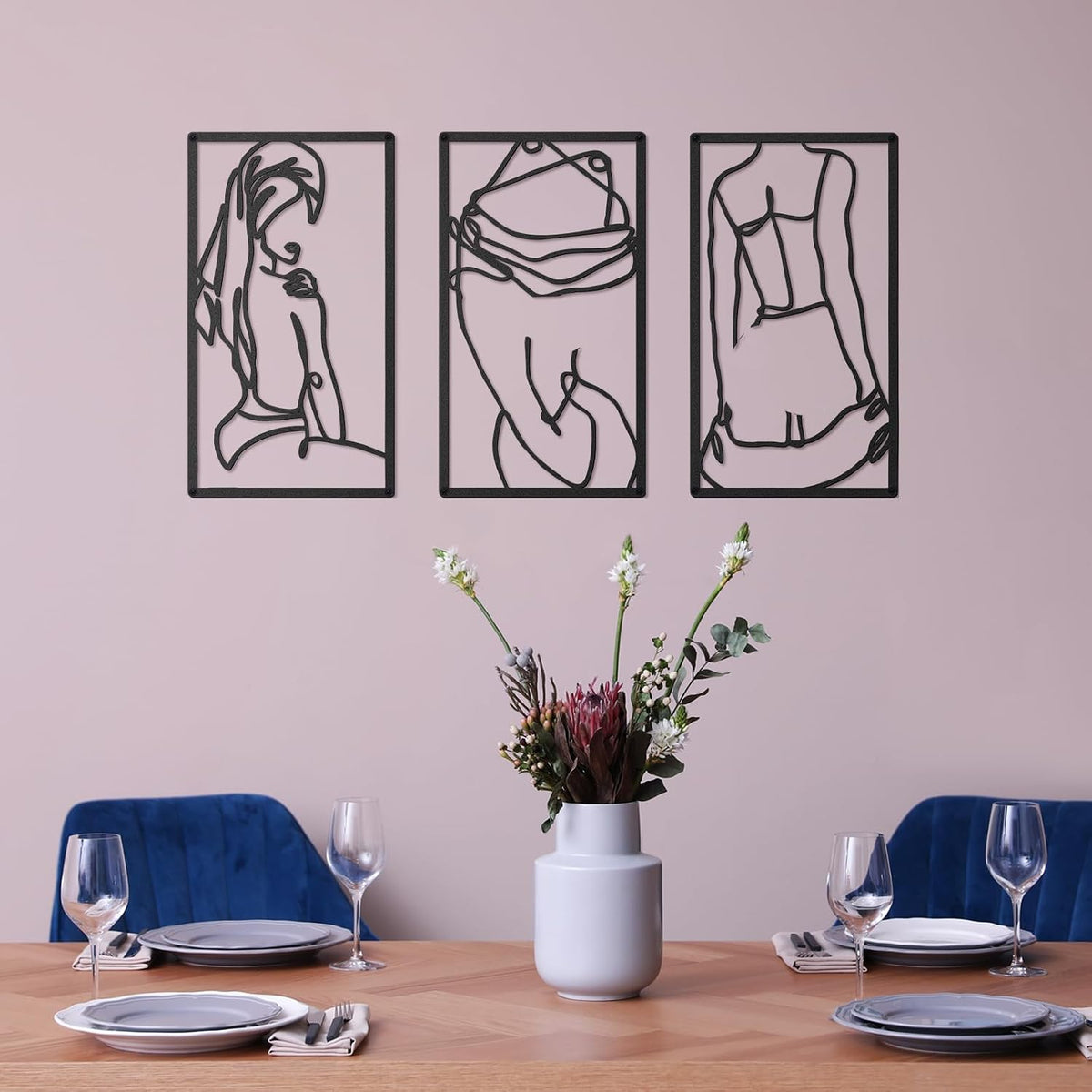 Peryiter 3 Pcs Modern Minimalist Wall Decor Abstract Metal Wall Art Metal Line Art Woman Body Artwork for Bedroom Bathroom Living Room(Black)