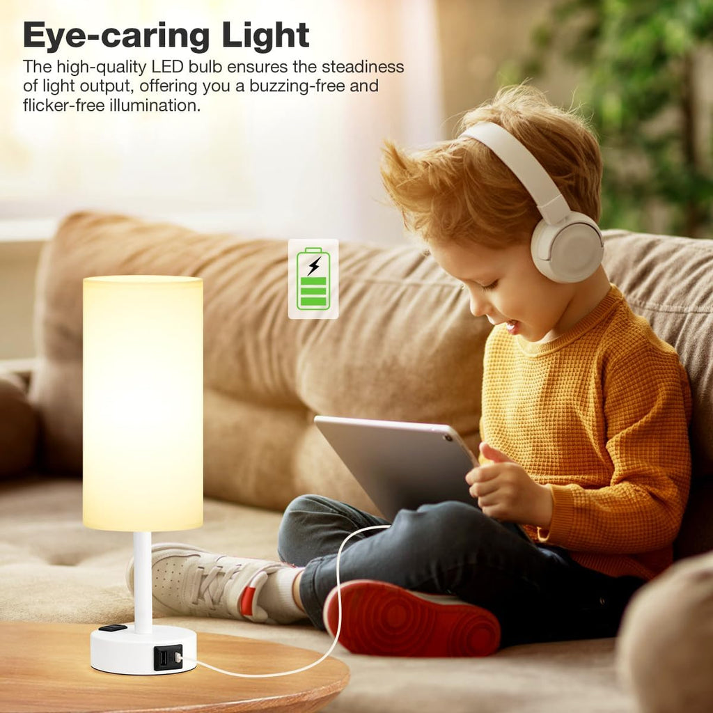 Fenmzee White Bedside Lamp for Bedroom, Dimmable Touch, USB A+C, AC Outlet