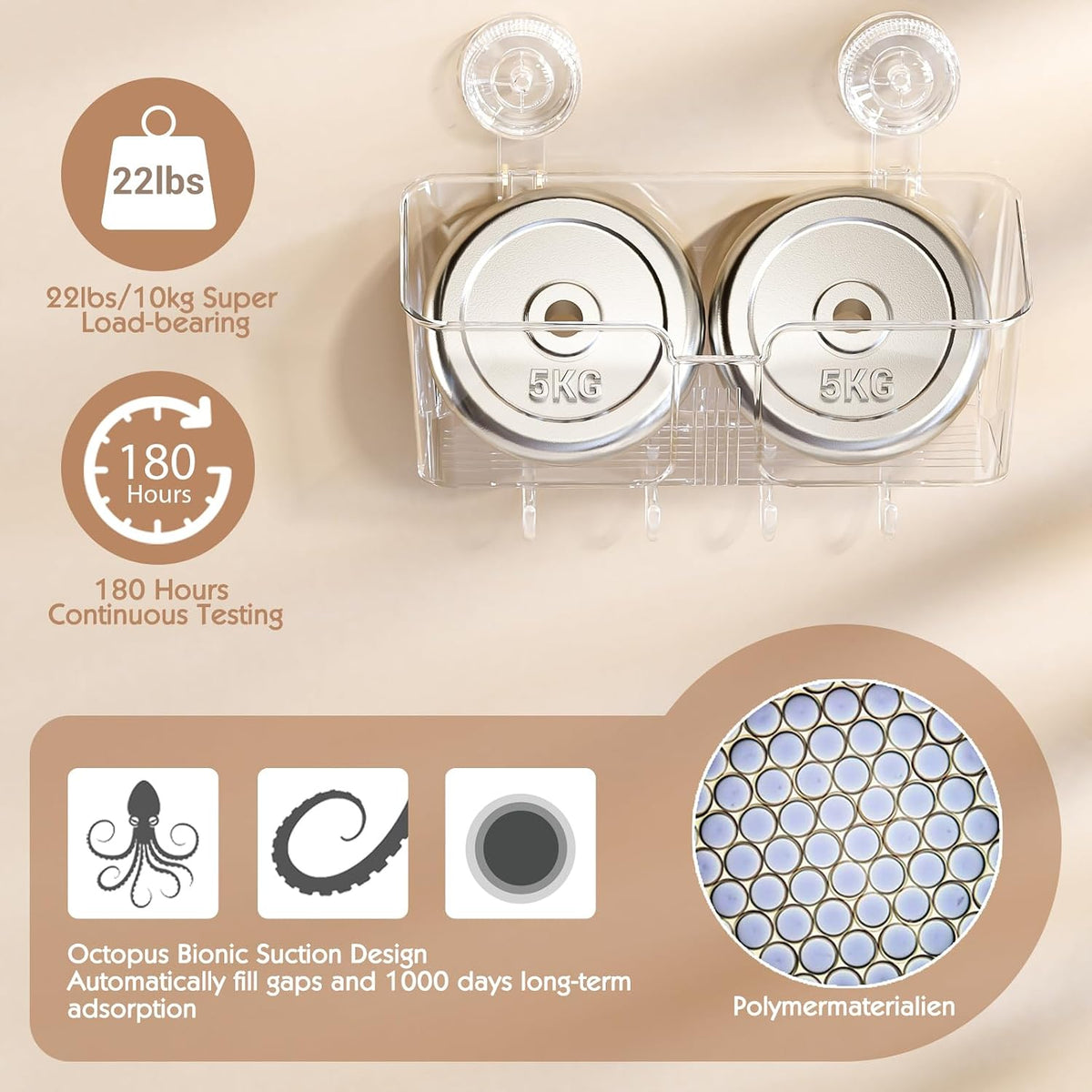 LUXEAR Clear Suction Cup Shower Caddy, BPA-Free Bath Toy Storage