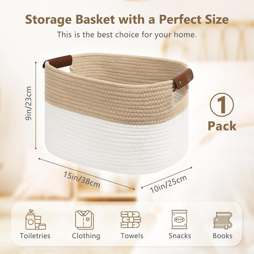 ECDYQXVU 15x10x9 Woven Cotton Rope Storage Basket, Leather Handles 1 Pack