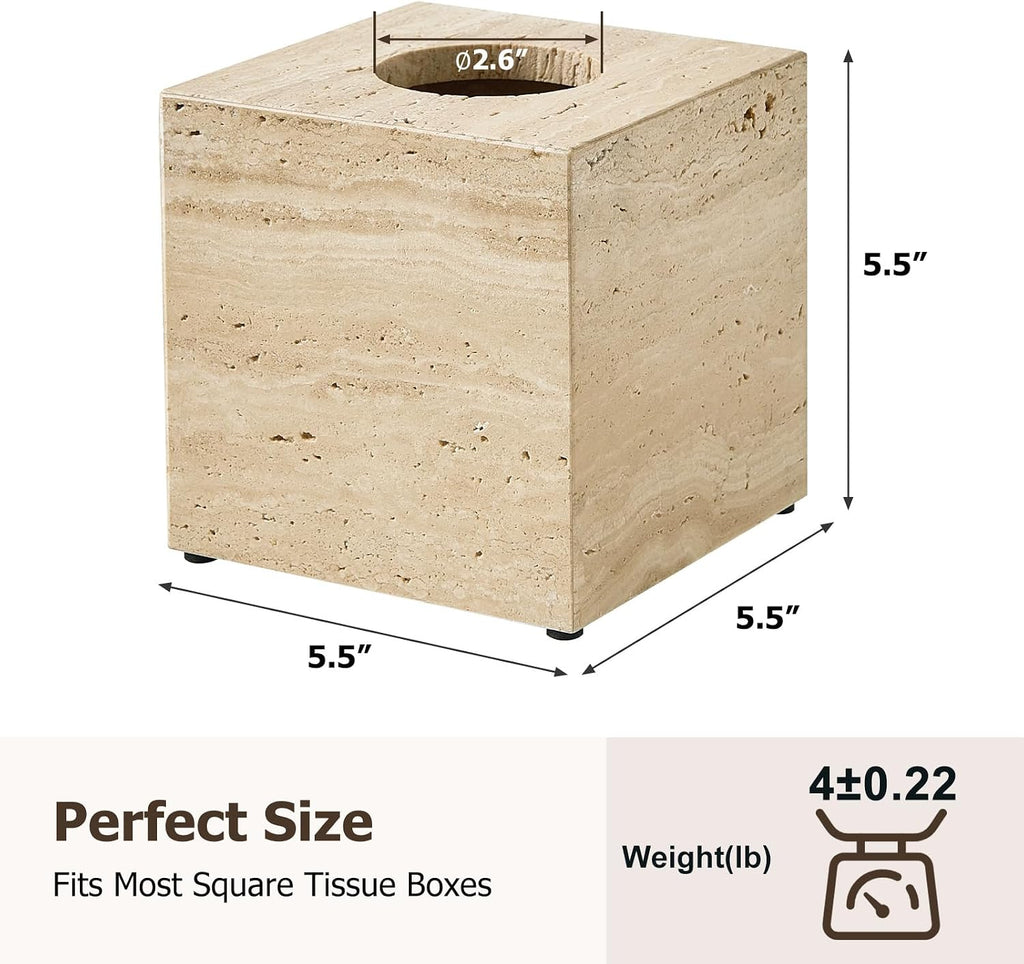 Real Natural Travertine Tissue Box Cover, 5.5in Square Holder