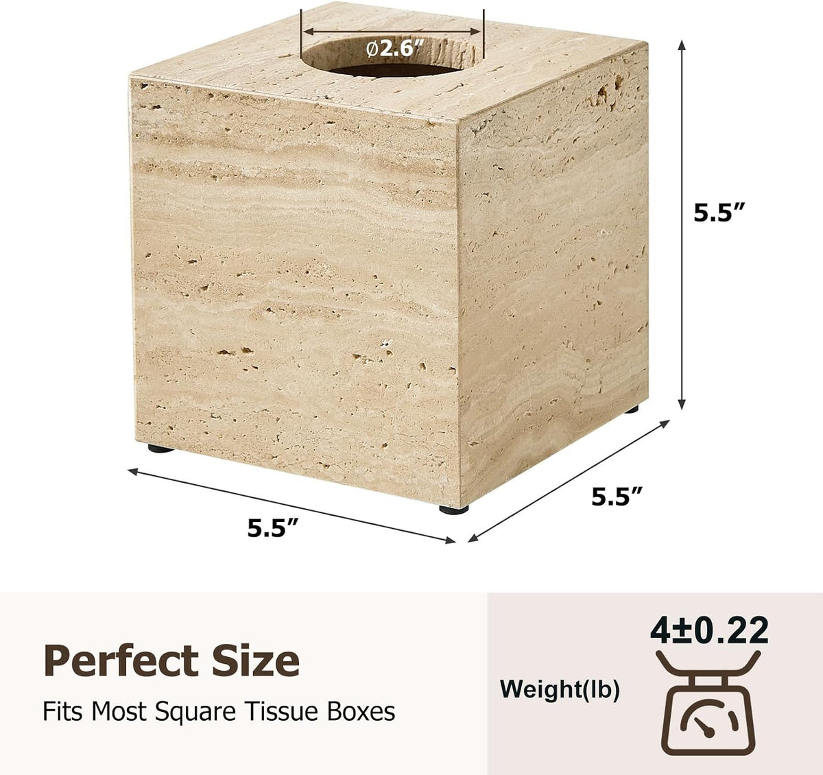 Real Natural Travertine Tissue Box Cover, 5.5in Square Holder