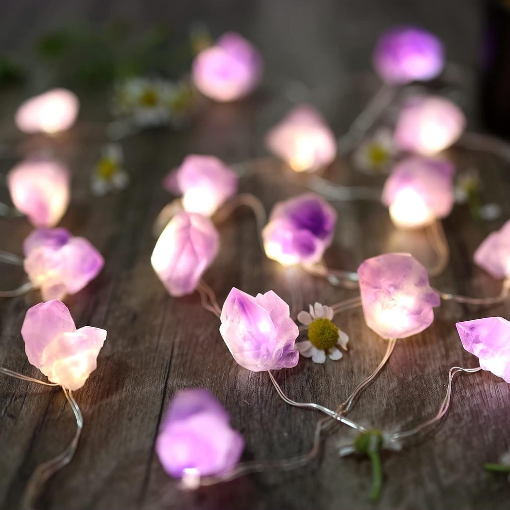 Natural Amethyst Crystal Color-Changing Fairy Lights, 10ft 30 LED with Remote Control. USB or Battery Operated, Decorative Geode String Lights for Bedroom, Christmas, and Spiritual Decor