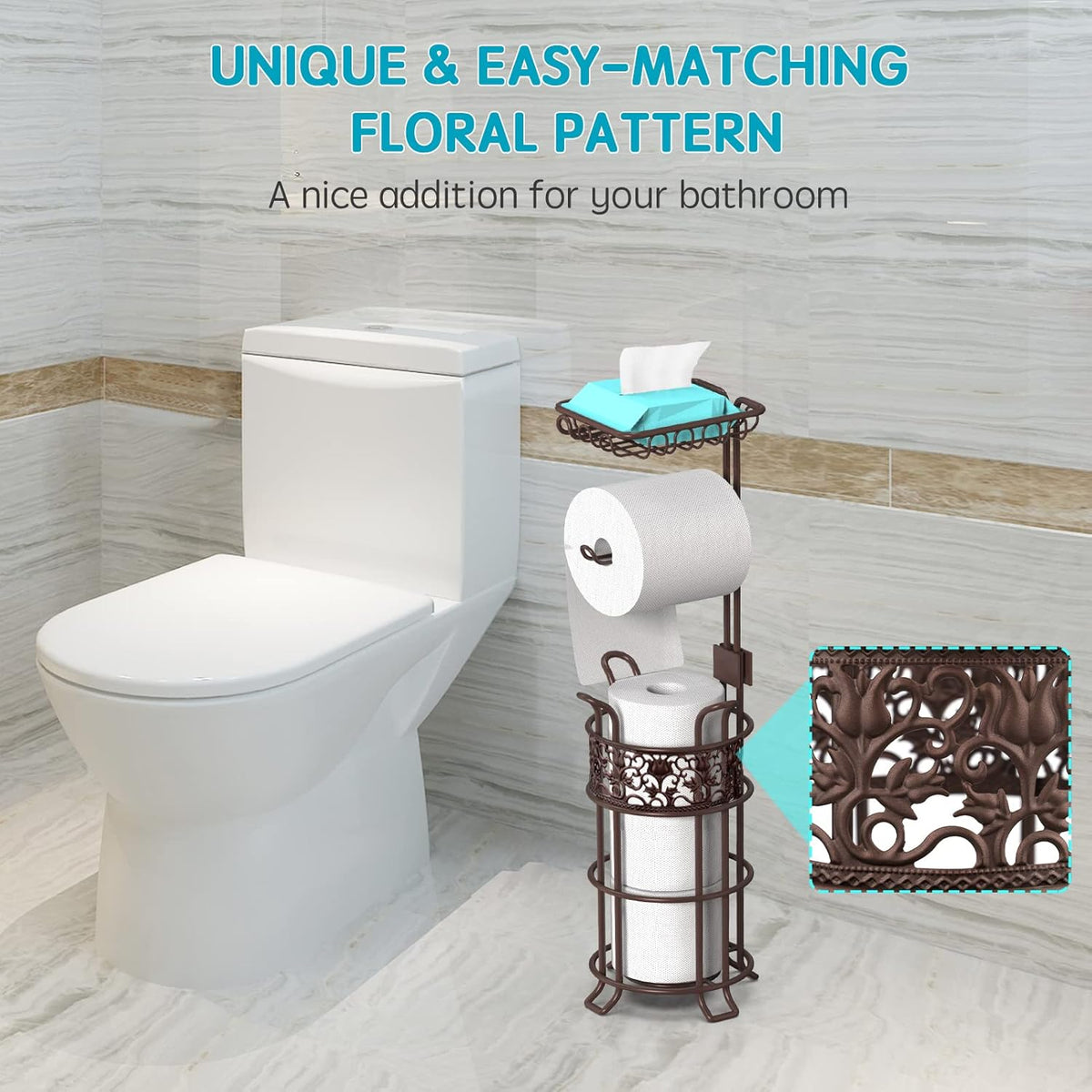 Upgraded Toilet Paper Holder Stand for Bathroom, Holds 3 Big Rolls of Jumbo Mega Paper, Top Shelf for Wipes Tissue, Sturdy Freestanding Paper Roll Dispenser, Floral Pattern, Brown Red