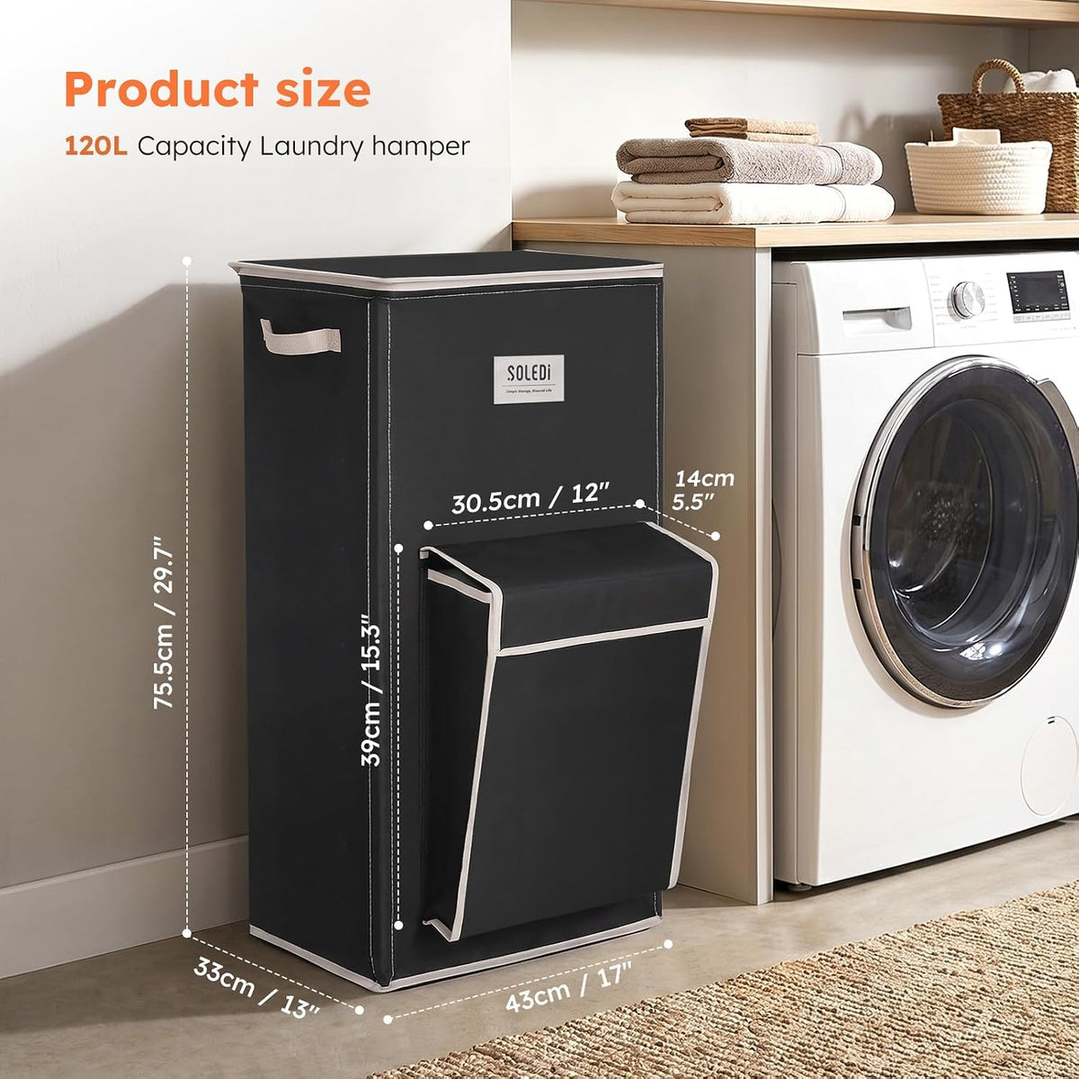 SOLEDI 120L Laundry Hamper with Lid & Delicates Compartment Laundry Basket