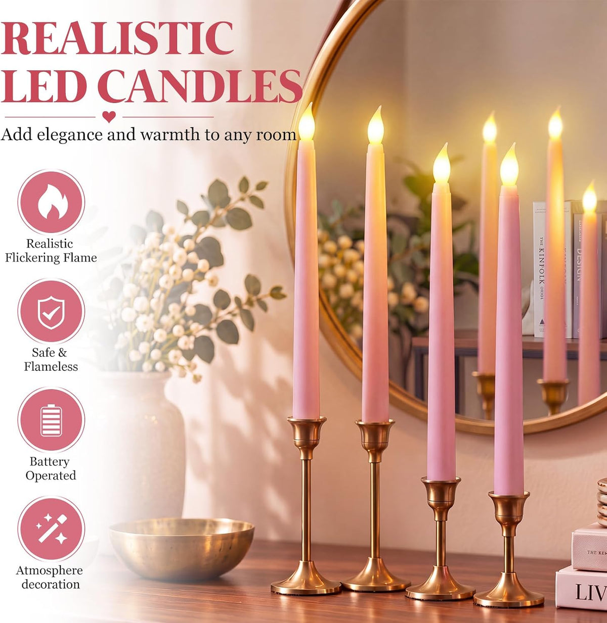 Baquler 25 Pcs 9.7 Inch LED Flameless Taper Candles Bulk, Pink