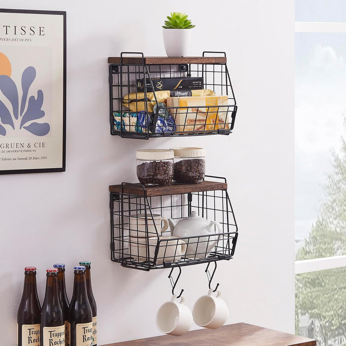 Wall Hanging Baskets 2 Pack Wooden Top Floating Wire Shelves (Large)