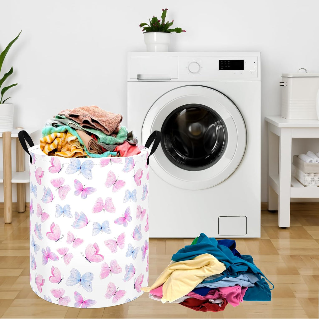 Butterfly Storage Basket for Girls and Kids, Round Collapsible Laundry Hamper with Handles, Pink Blue Butterfly Organizer Bin for Clothes, Toys Room, Nursery, Bedroom Dorm and Gifts