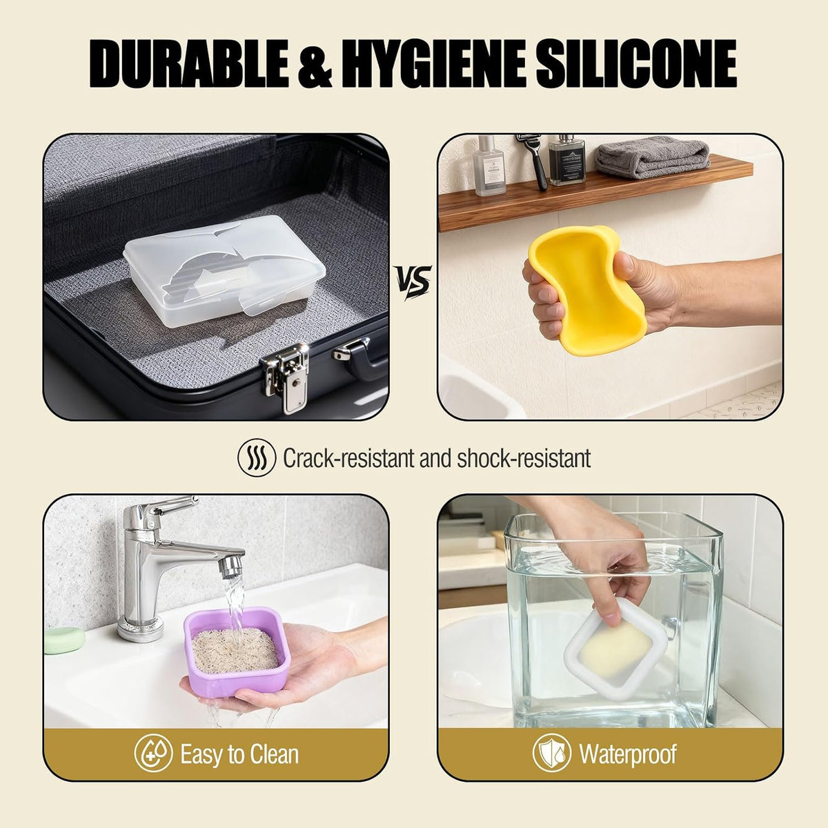OTHIX 2 Pack Leakproof Silicone Travel Soap Case Travel Essentials-Small Bar Soap Holder Container with Drainage Layer & Mini Portable Soap Dish for Shampoo Bars, Gym, Camping (Cream & Light Purple)