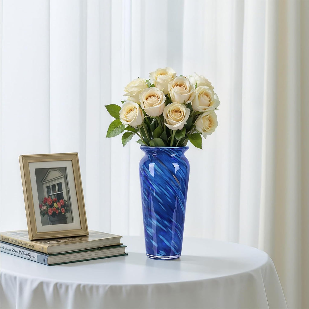 Blue Hand Blown Glass Vase – Tall Speckled Decorative Centerpiece in Murano Style for Dining Table, Coffee Table, Mantel, Entryway, or Bookshelf in Coastal or Modern Decor (Blue)