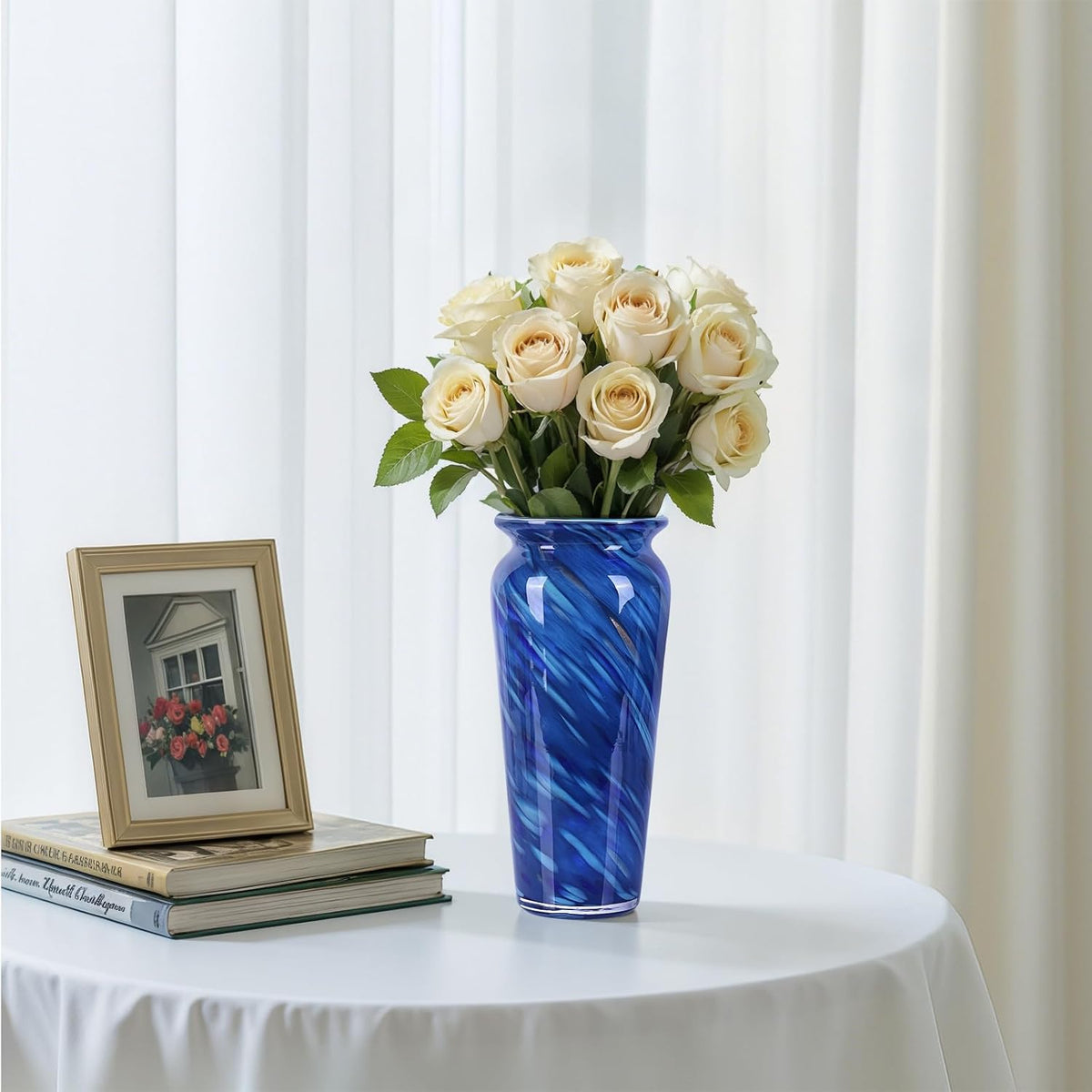 Blue Hand Blown Glass Vase – Tall Speckled Decorative Centerpiece in Murano Style for Dining Table, Coffee Table, Mantel, Entryway, or Bookshelf in Coastal or Modern Decor (Blue)