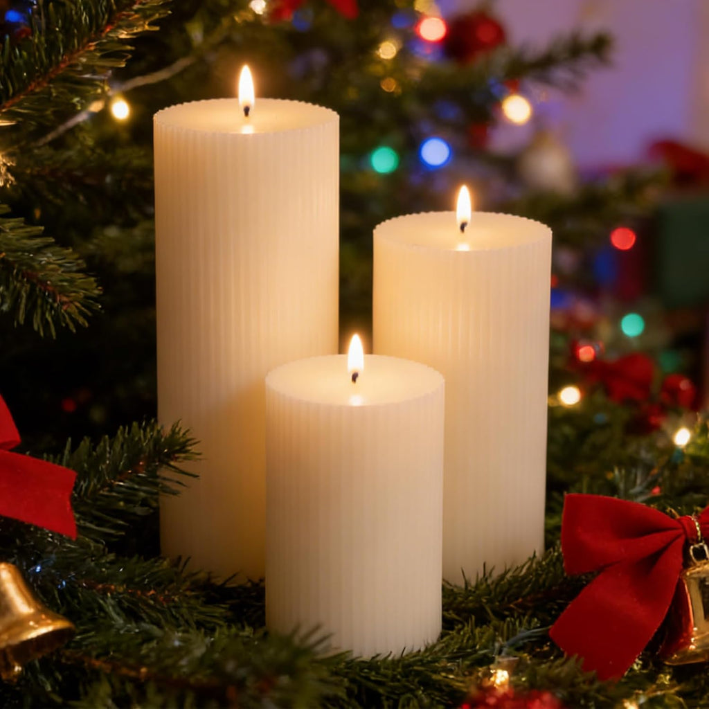 3 Packs Thick Ribbed Pillar Candles, 4/6/8 Inch, White, Soy