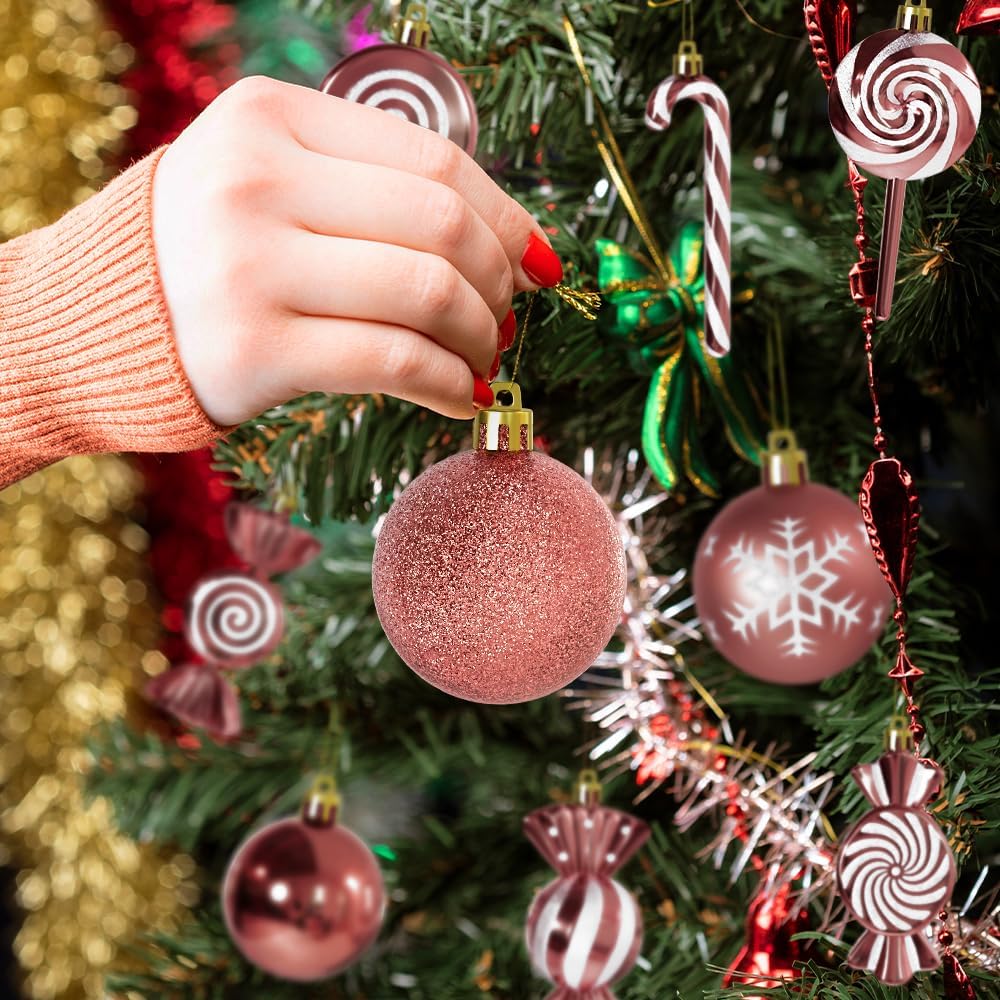 36 Pcs Christmas Ornaments, MOYEE Shatterproof Plastic Christmas Ornaments for Tree - Candy Cane Christmas Decorations Candies Christmas Ball Ornaments (Rose Gold)