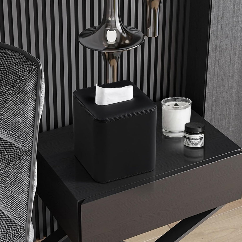 PU Leather Tissue Box Cover Square Tissue Box Holder, Black