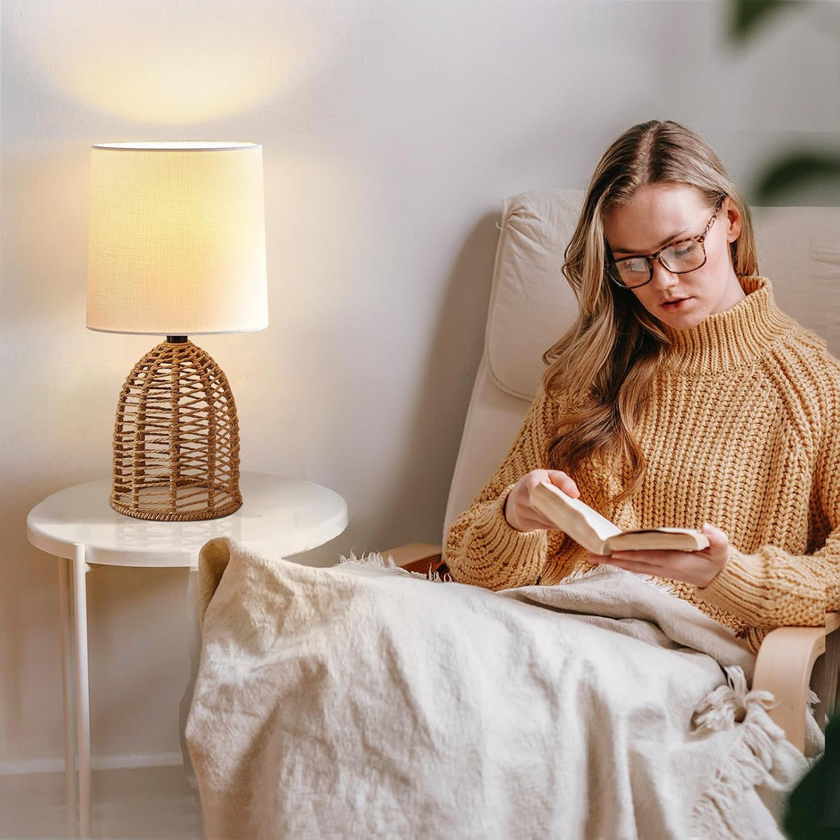 EJIAXIN Small Table Lamp -13.75" Boho Rattan Lamp - Bedside Farmhouse Lamps