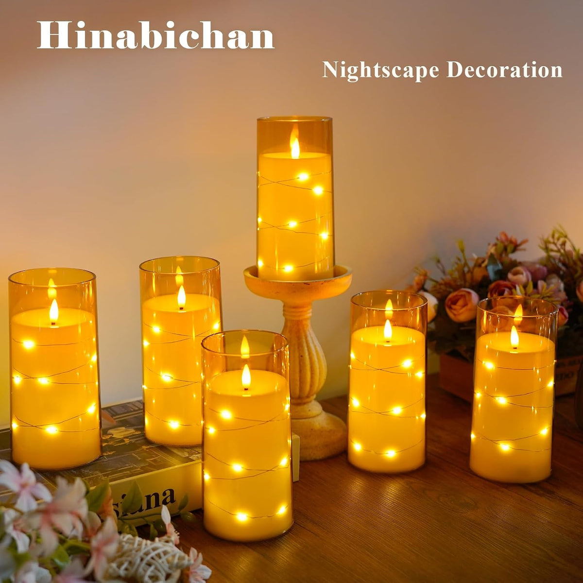 Amber Flickering Flameless Candles with Remote Timer, 6 pcs LED Battery Operated Candles with String Lights, Same Size D3 H6