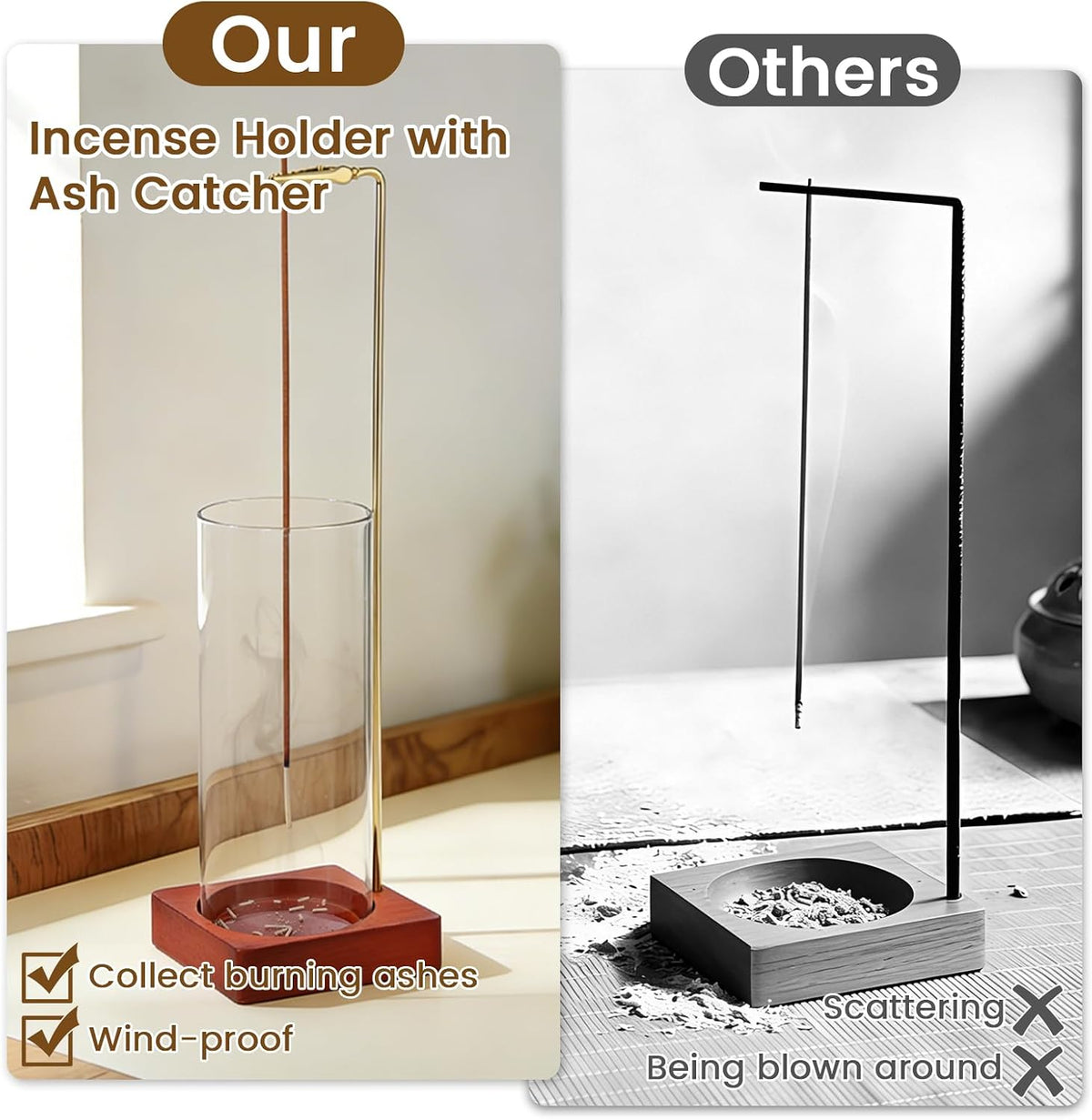 3 Pack Incense Holder with 20 Incense Sticks, Detachable Glass Ash Catcher