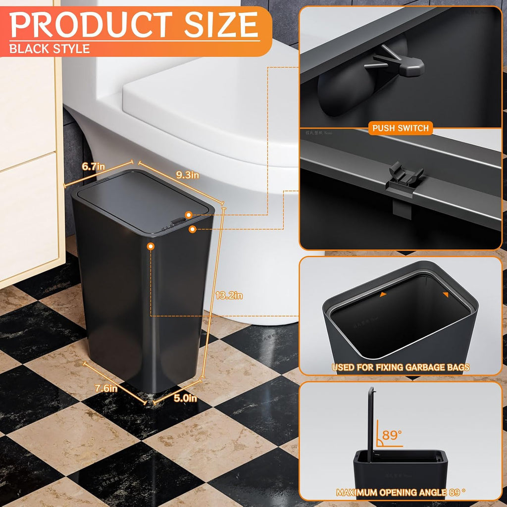 Yieach 12L Black Slim Bathroom Trash Can with Lid,3.17 Gallon Pet/Dog Proof Kitchen Trash Can,Rectangle Thin Garbage Can,Covered Waste Basket,Narrow Small Plastic Trashcan for Room,Bedroom,Office,3PCS
