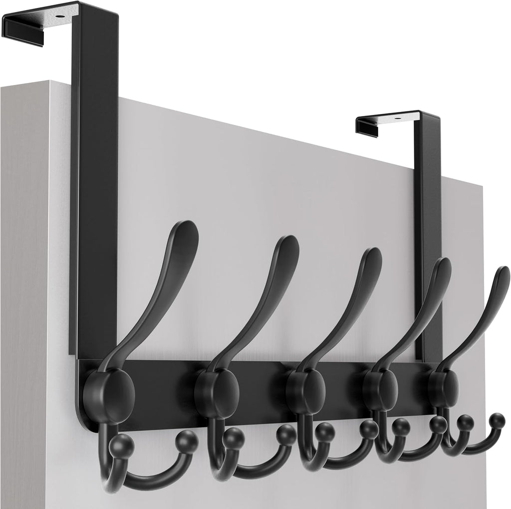 SKOLOO Over The Door Hook - for Doors up to 1-3/4'' Thickness, Metal Door Hanger with 5 Triple Hooks, Black Over The Door Hanger for Coats, Hats, Towels, Assembly Required