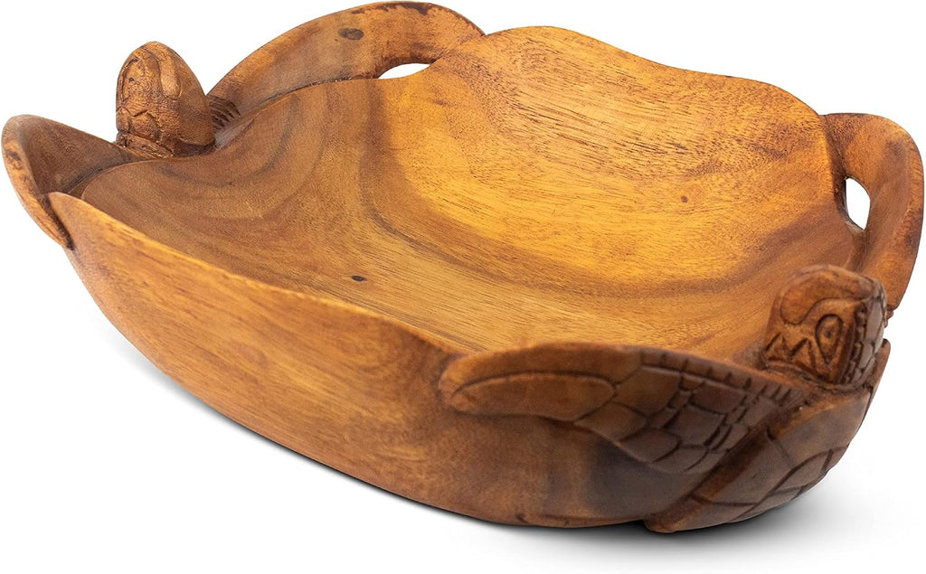 G6 Collection 12" Wooden Handmade Two Turtles Fruit Decorative Bowl Centerpiece Hand Carved Art Home Decor Decoration Handcrafted Gift Storage Accent Rustic Wood Serving Bowls Two Turtles (12" Long)