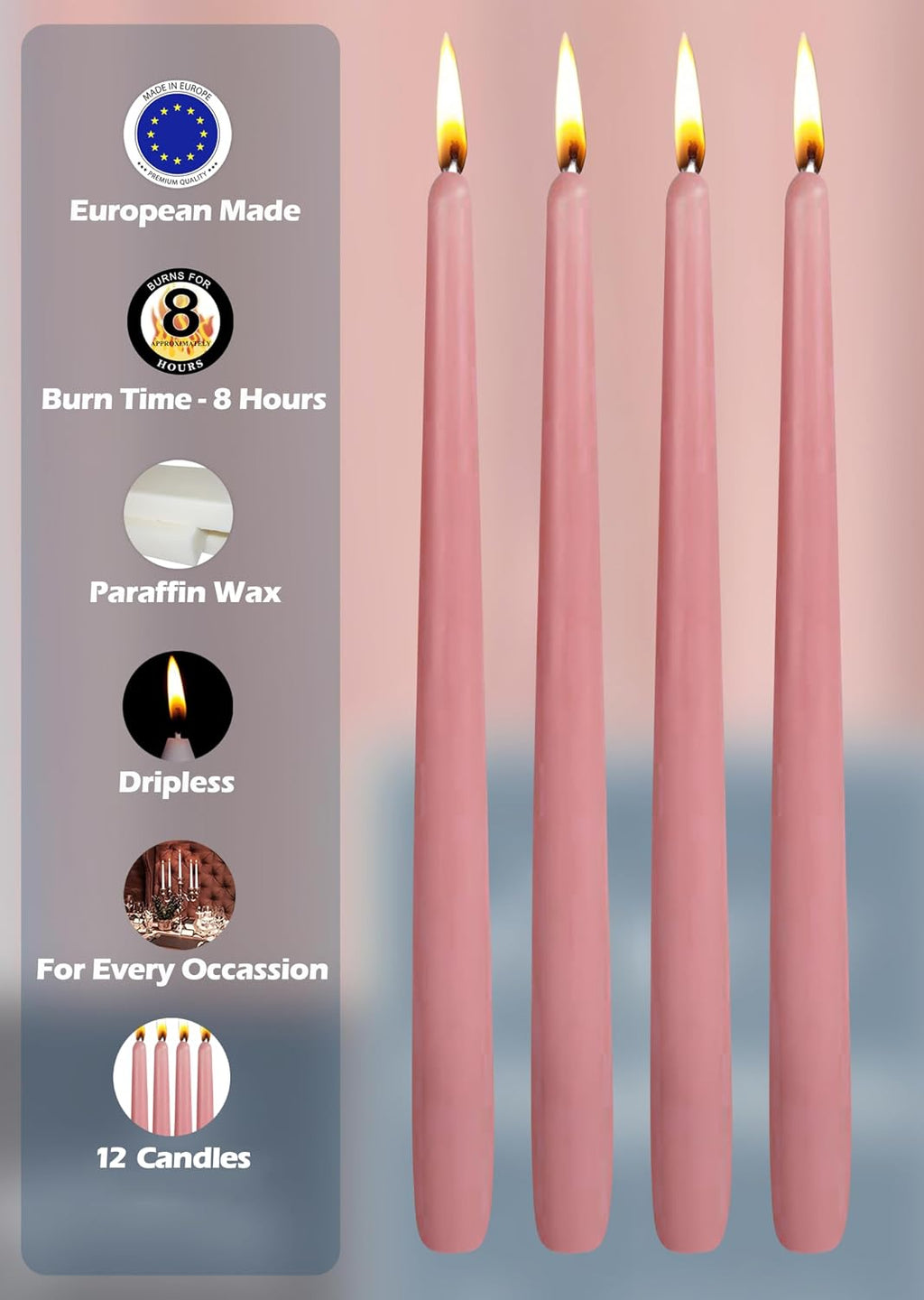 Hyoola 12 Pack Tall Taper Candles - 10 Inch Rose Pink Dripless, Unscented Dinner Candle - Paraffin Wax with Cotton Wicks - 8 Hour Burn Time