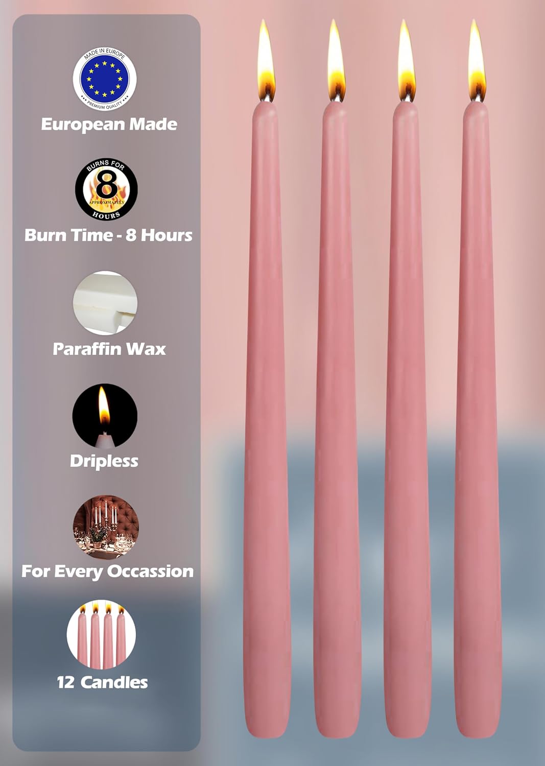 Hyoola 12 Pack Tall Taper Candles - 10 Inch Rose Pink Dripless, Unscented Dinner Candle - Paraffin Wax with Cotton Wicks - 8 Hour Burn Time