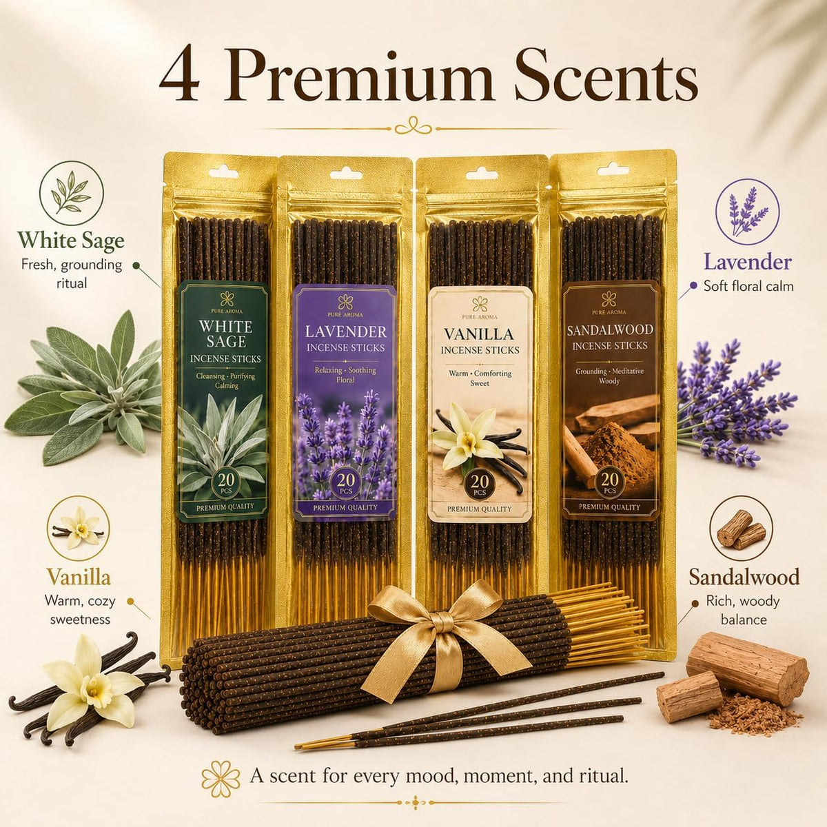 RAINFLOW Natural Incense Sticks - 80 White Sage Sandalwood Lavender Vanilla