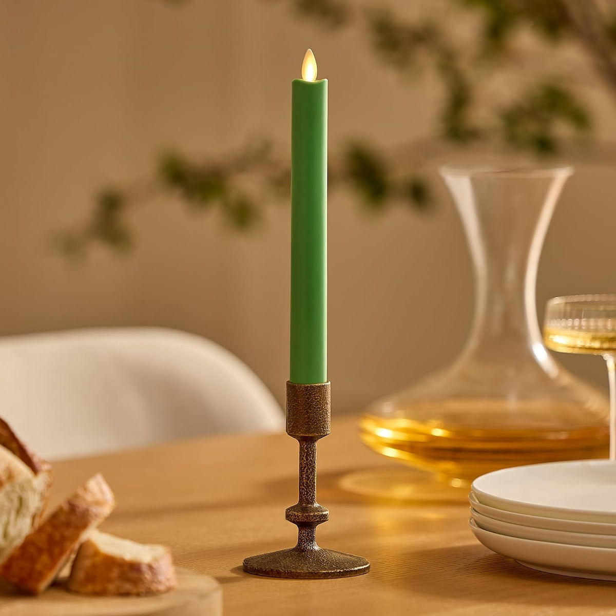 Luminara Flameless Candle Taper (1" x 9.5") Melted Top Real Wax Unscented Remote Ready Timer (Vibrant Green)