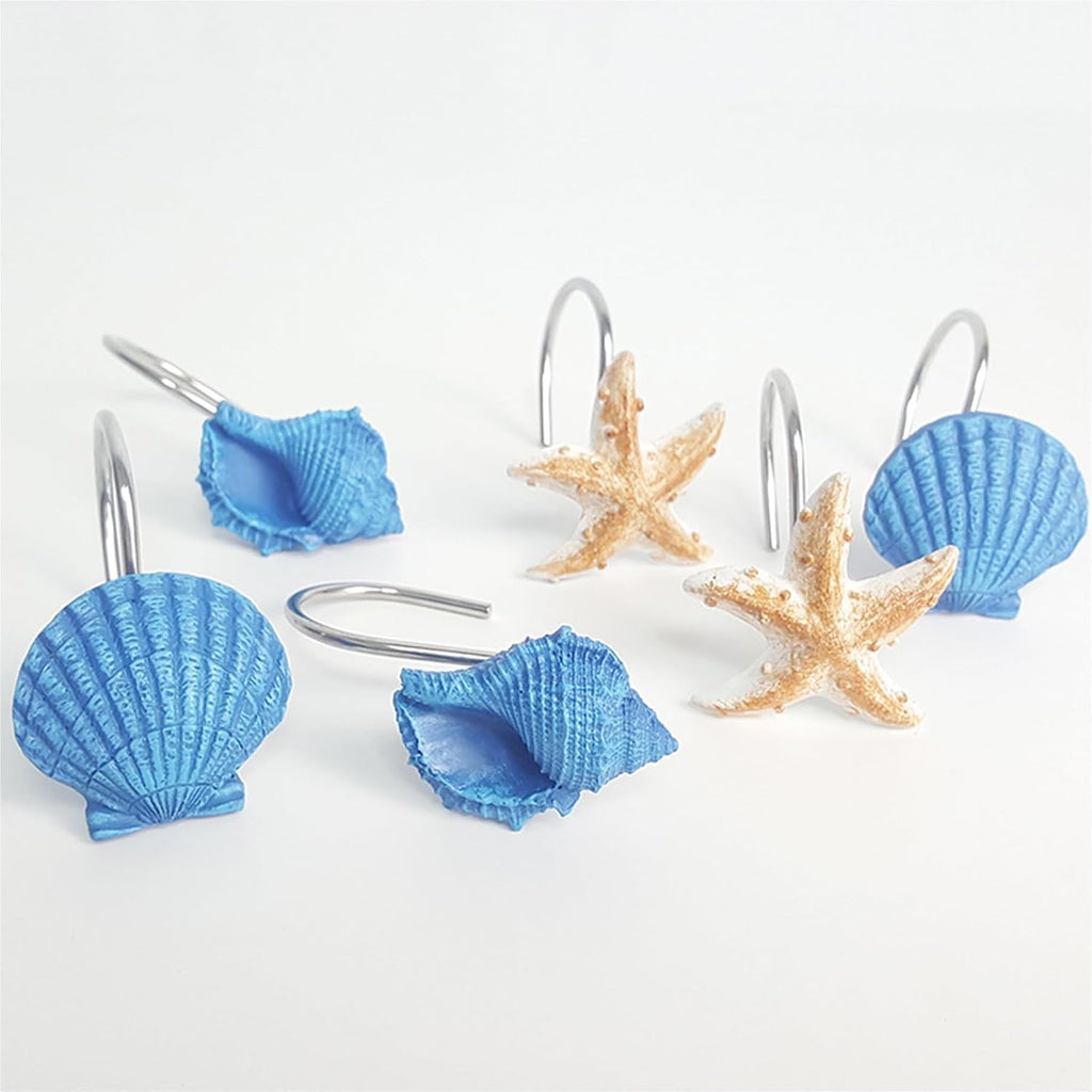 12PC Coastal Blue Shower Curtain Hooks Rings with Starfish Seashell