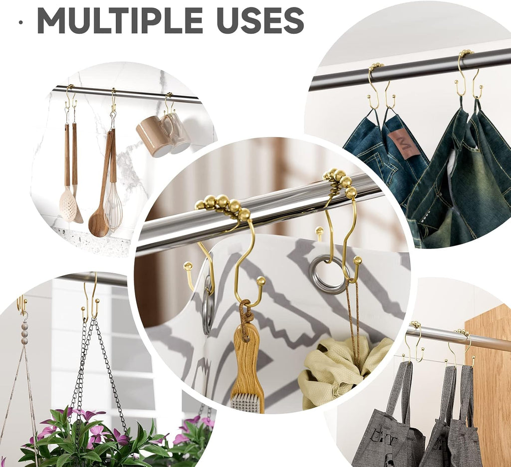 Bathway Gold Shower Curtain Hooks, Shower Curtain Hook Shower Curtain Rings Rust Proof Smooth Double Shower Curtain Hooks, Shower Hooks for Shower Curtain Bathroom Shower Rod Hook 12 Pcs