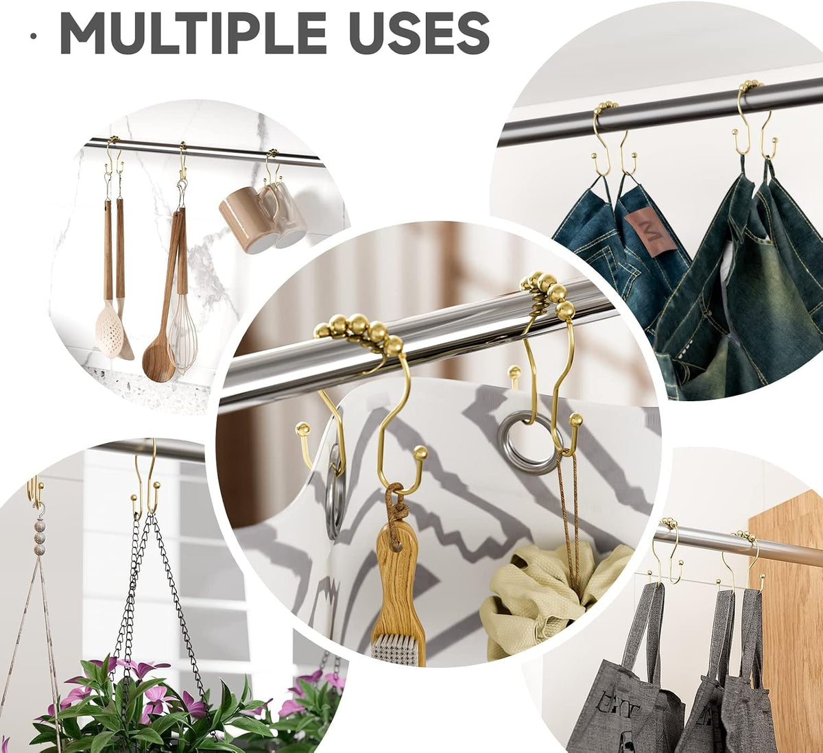 Bathway Gold Shower Curtain Hooks, Shower Curtain Hook Shower Curtain Rings Rust Proof Smooth Double Shower Curtain Hooks, Shower Hooks for Shower Curtain Bathroom Shower Rod Hook 12 Pcs