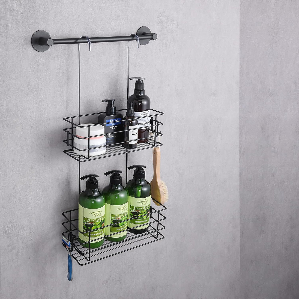 2-Tier Shower Caddy Hanging Shower Rack with Hooks Over The Door