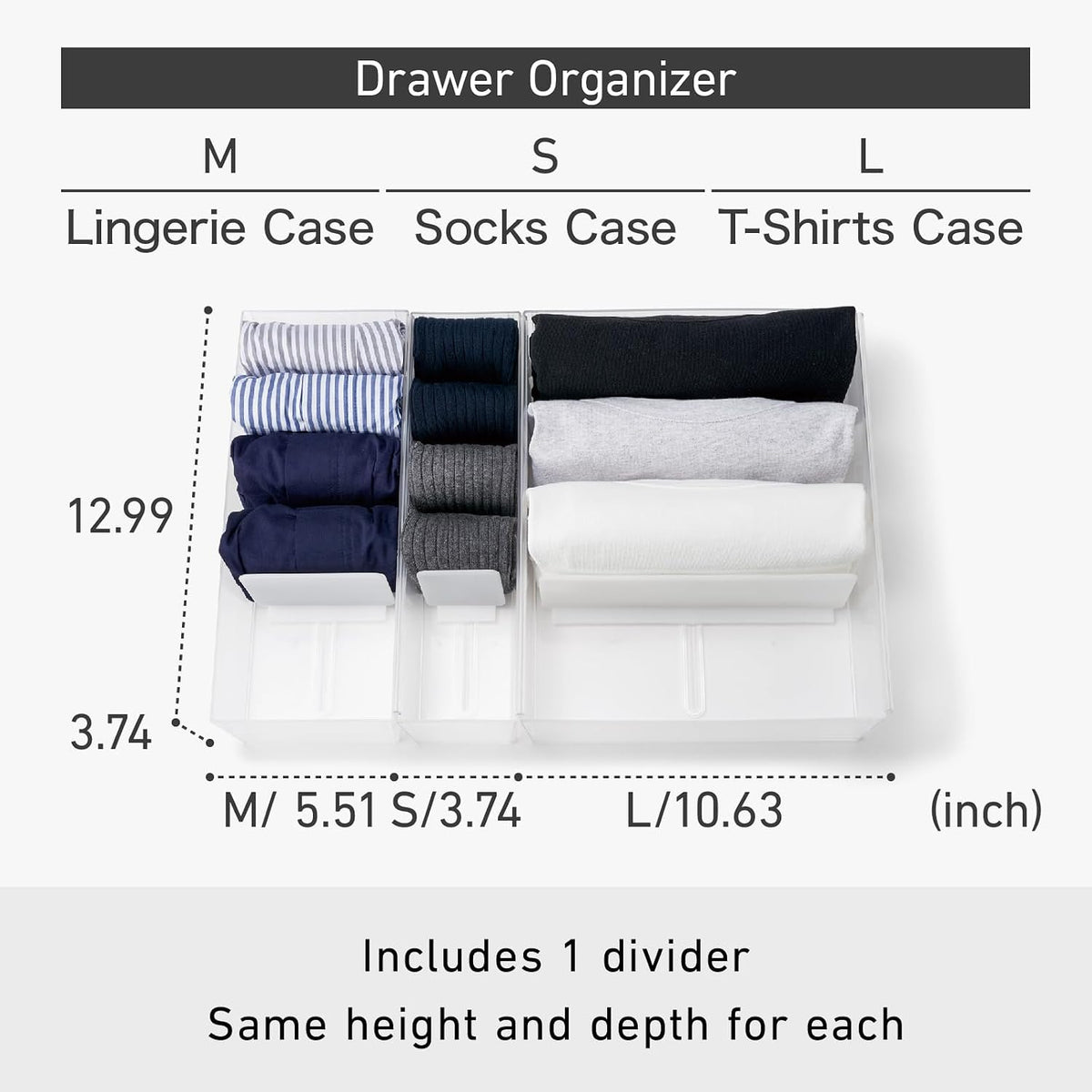 Like-it | CSP-12 | Drawer Organizer | T-Shirts Case | T-Shirts organizer | One adjustable divider included | 10.63" × 12.99" × 3.74" | Clear |