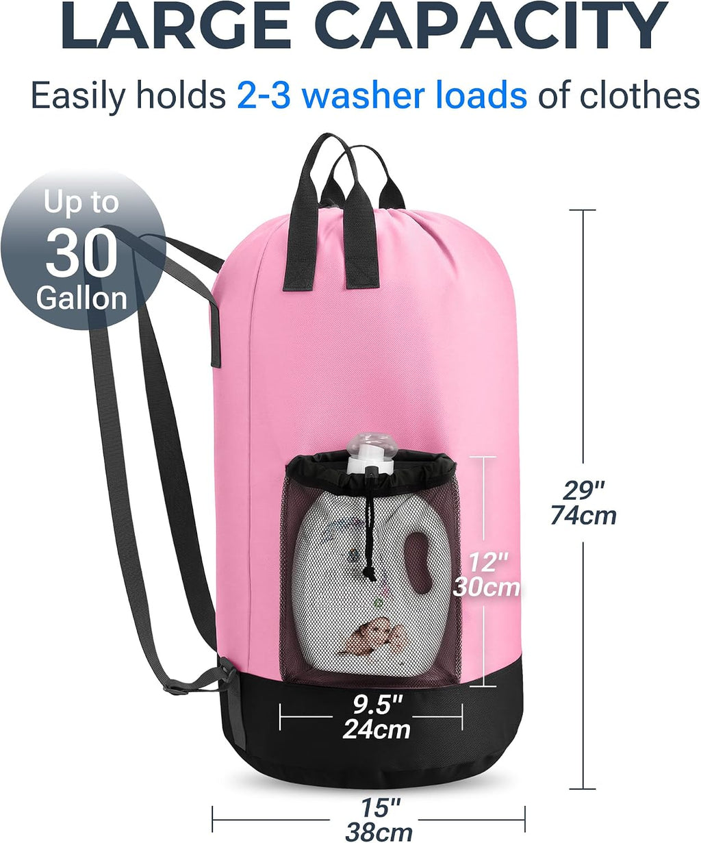 Heavy Duty Backpack Laundry Bag with Shoulder Straps & 2 Mesh Pockets, Pink