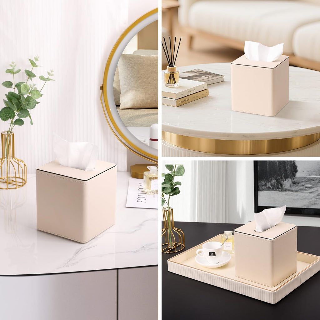 KINGFOM Leather Tissue Box Cover – Square Modern PU Leather Tissue Holder, Cube Tissue Dispenser for Home, Office, Bedroom, Bathroom – Elegant Minimalist Style (Beige-Square)