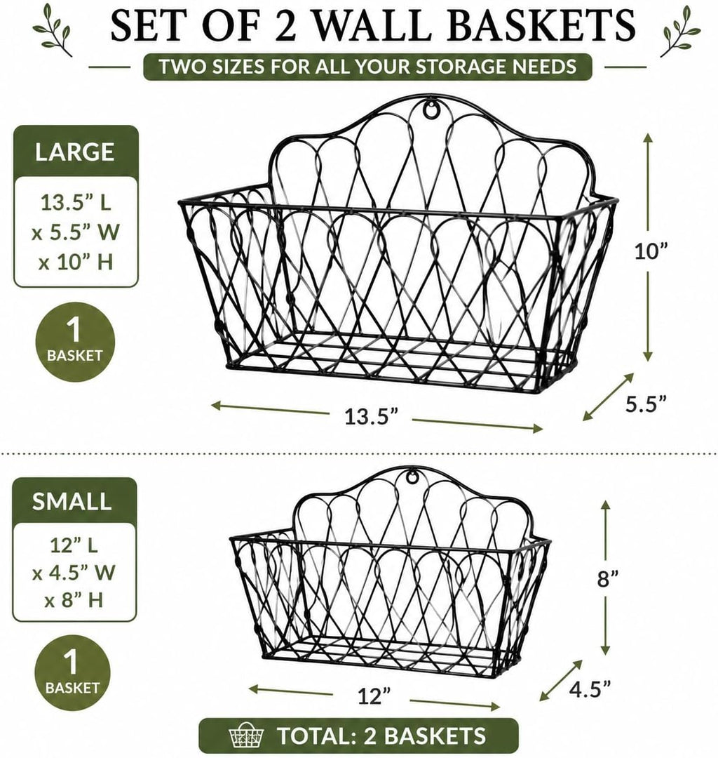 Farmhouse Hanging Wall Storage Baskets Set of 2, Metal Wire Wall-Mounted Basket Organizer for Fruits, Vegetables, Flowers, Kitchen, Pantry, Bathroom, Entryway, Rustic Home Decor