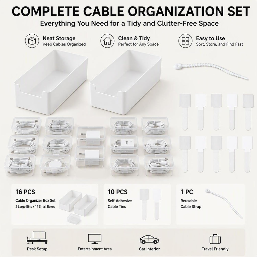 Cable Management Kit - Cable Storage Box - Cable Clips - Cable Ties