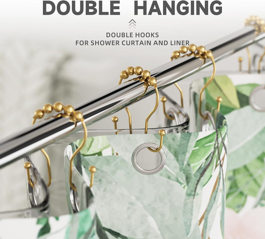 Bathway Shower Curtain Hooks, Shower Curtain Rings Rust Proof Double Hook Shower Curtain Hooks, 12 Pcs Bright Gold Shower Hooks for Shower Curtain, Shower Rings for Curtain, Metal Shower Rod Hooks