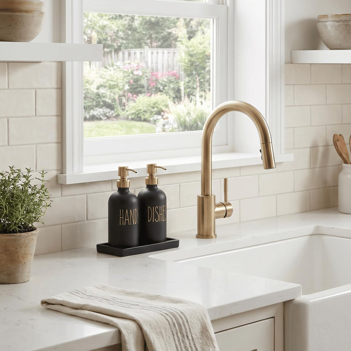 MOMEEMO Soap Dispenser for Kitchen Sink with Ceramic Tray, Black & Gold
