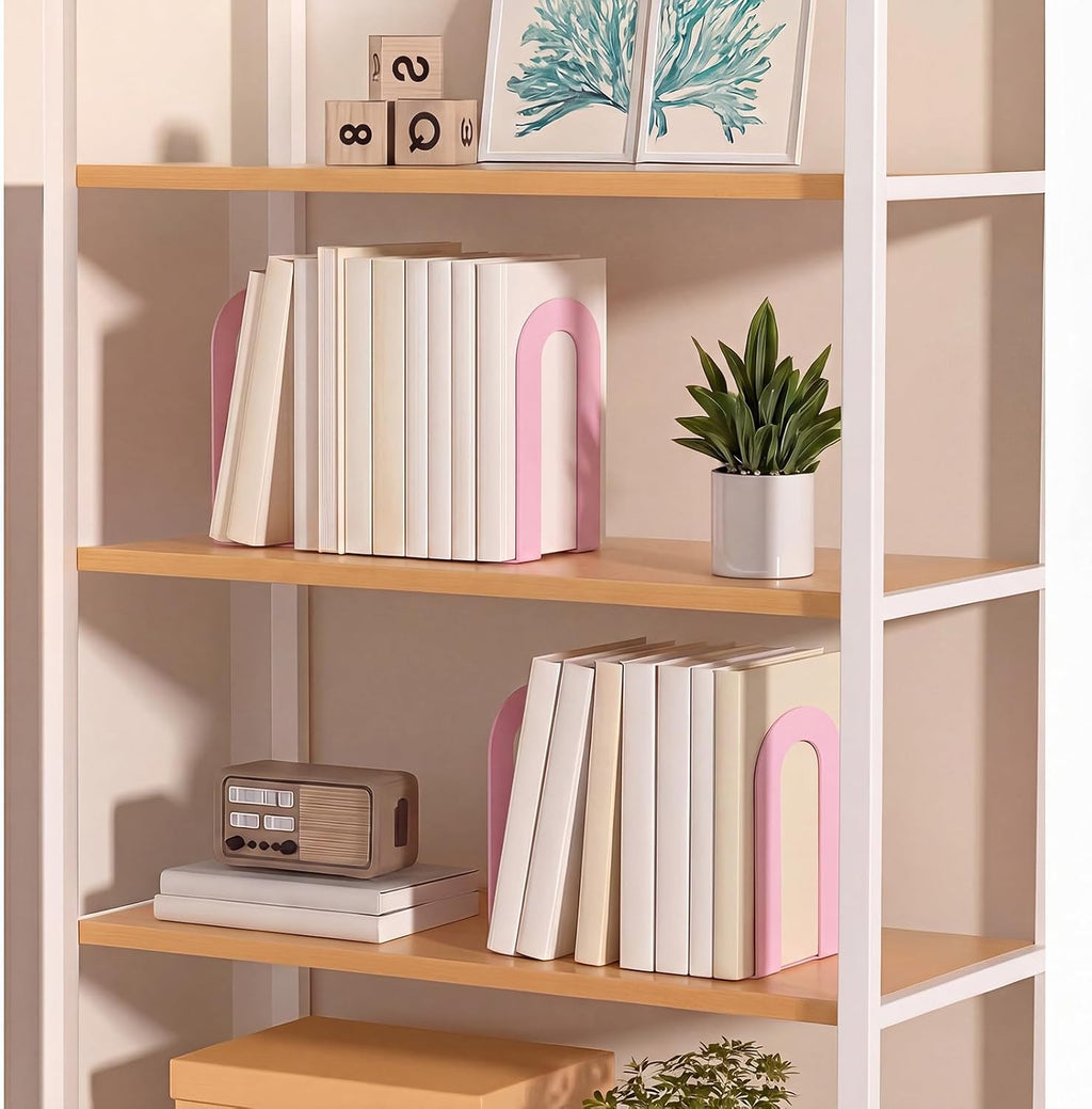 Chunful 6 Pcs Pink Metal BookEnds Shelves, 7.5 x 5.75 x 3.5 in