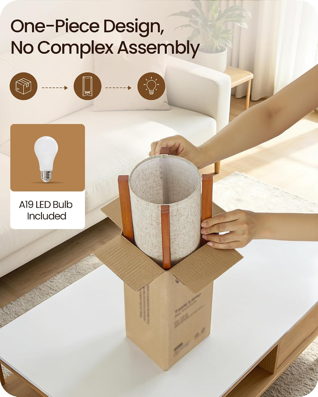 Small Table Lamp, 13.4" Wood Bedside Lamp with A19 LED Bulb