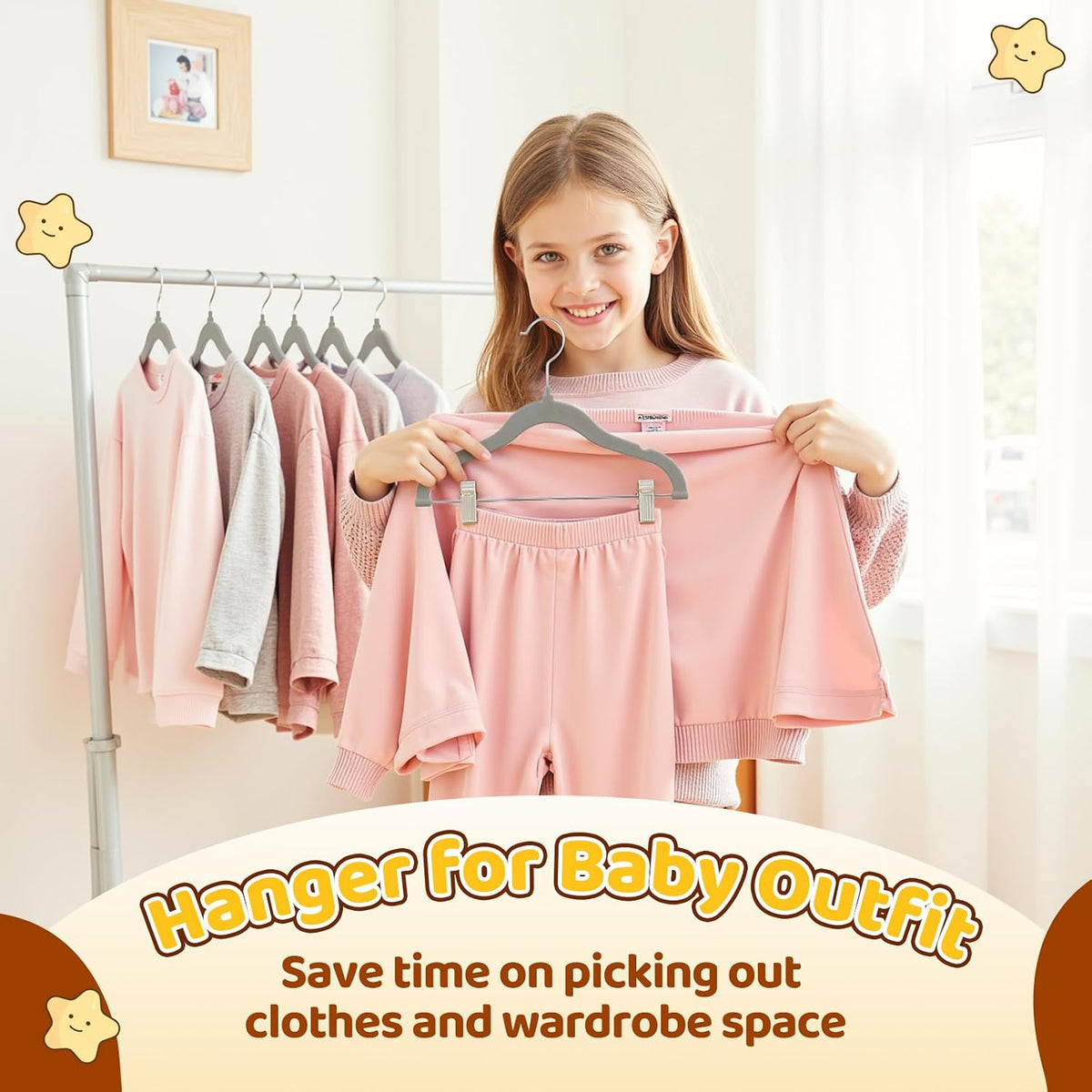 Flottian 24-Pack Baby and Kids Velvet Hangers with Clips, Non Slip and Space-Saving Kids Pants Hangers for Baby/Toddler Pants, Skirts, Coats, Gray