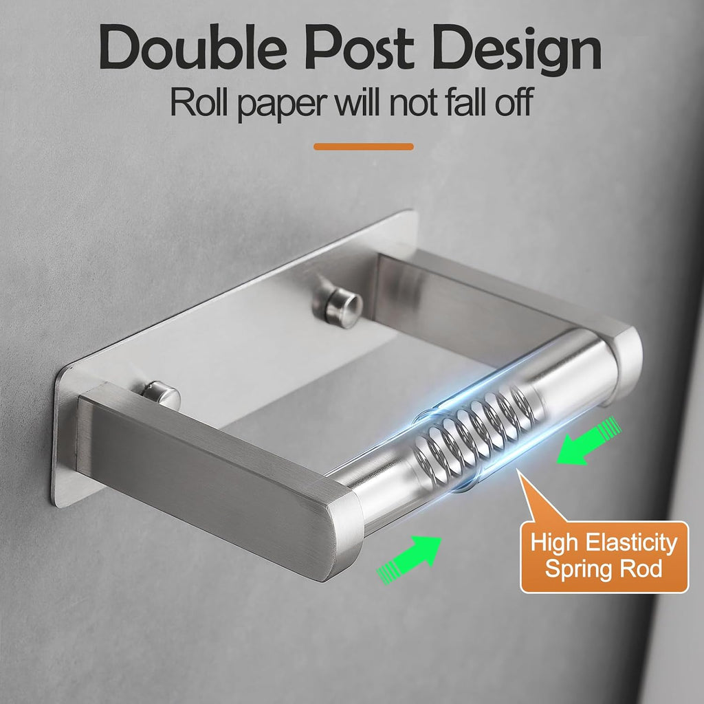 Pokim Brushed Nickel Toilet Paper Holder,Self Adhesive or Screw Wall Mount Toilet Roll Holder Stainless Steel Double Post Tissue Holder for Bathroom,Commercial Toilet Paper Dispenser