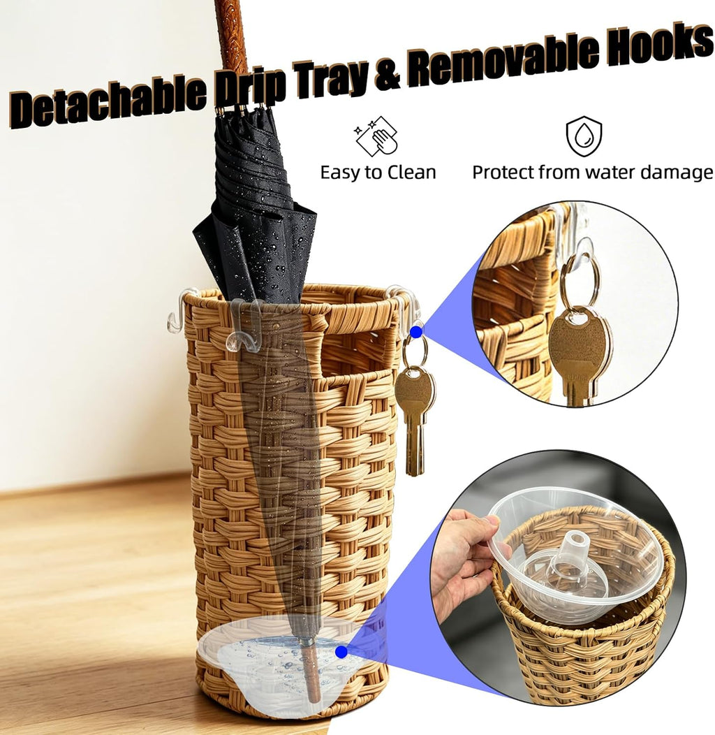 Rattan Umbrella Stand with Drip Tray - Hand Woven Entryway Umbrella Holder