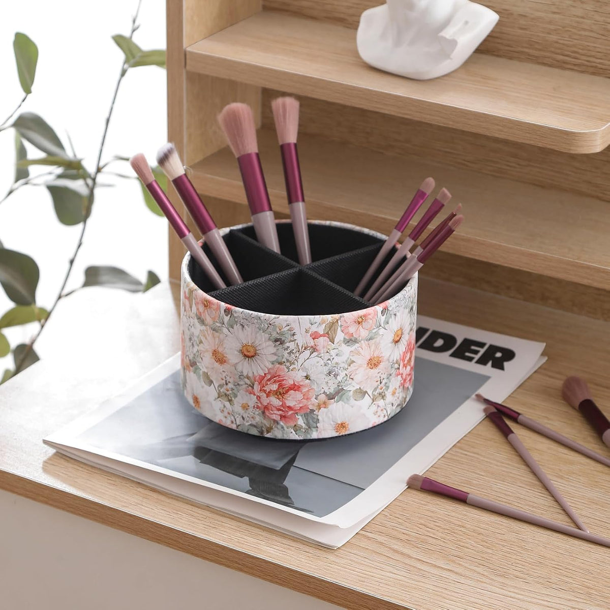 Spinning Remote Caddy for Table, 360 Degree Rotating Desk Organizer and TV Remote Holder, Decorative PU Leather Storage Basket for Bedside, Coffee Table, and Office Stationery, Peony PH128